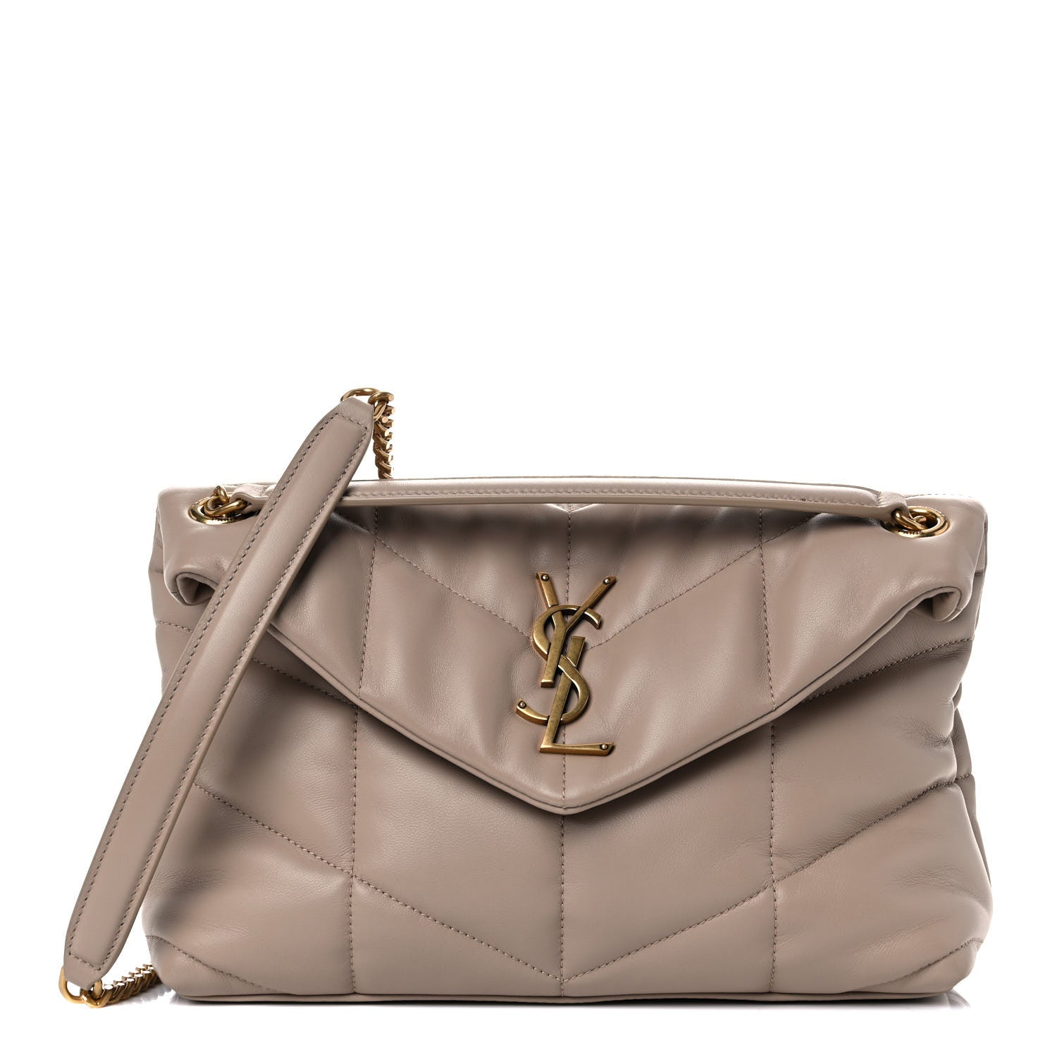 Saint Laurent Lambskin Quilted Small Loulou Puffer Monogram Chain Satchel Dark Beige 1 of 12