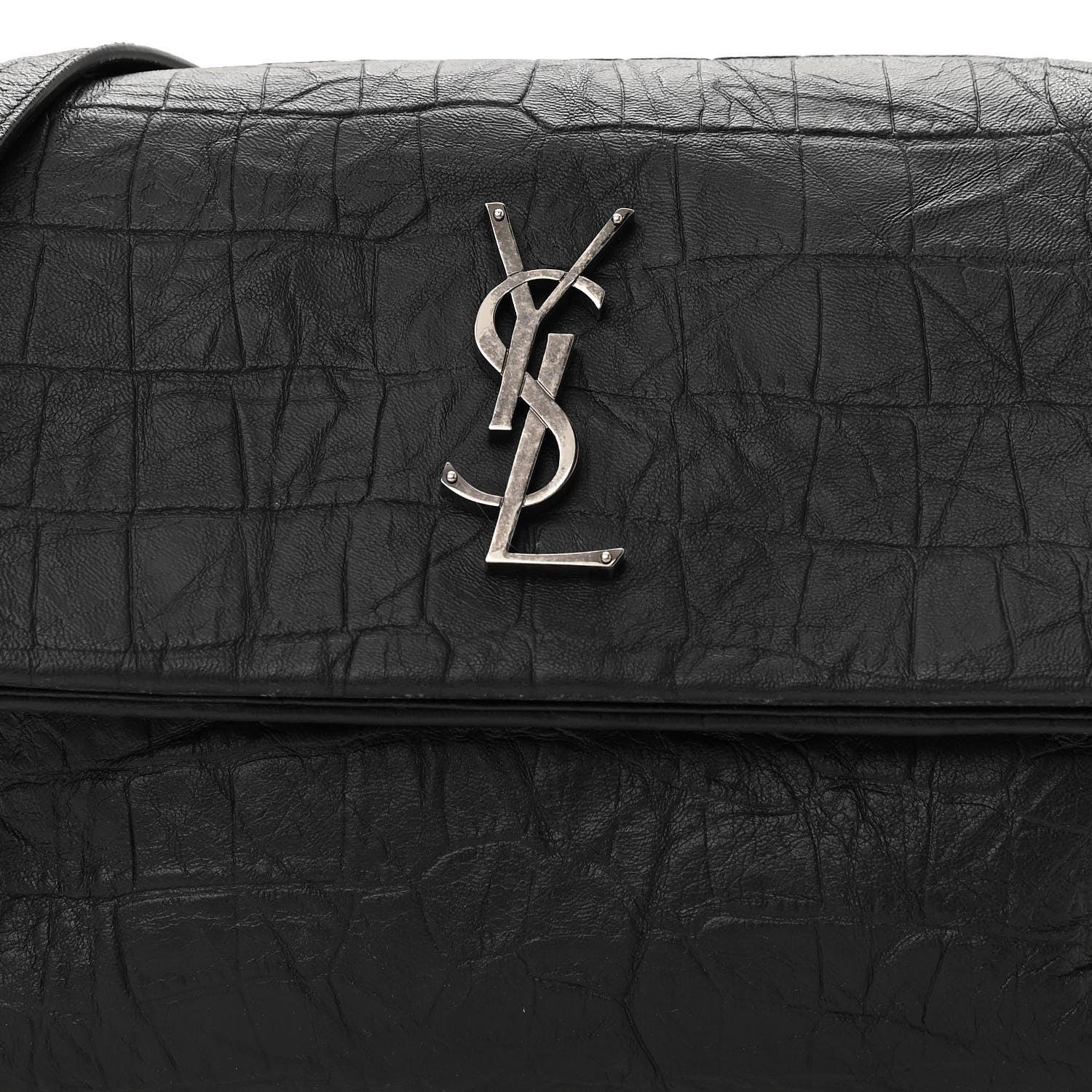 Saint Laurent Calfskin Crocodile Embossed Medium West Hollywood Monogram Fold-Over Black 11 of 14