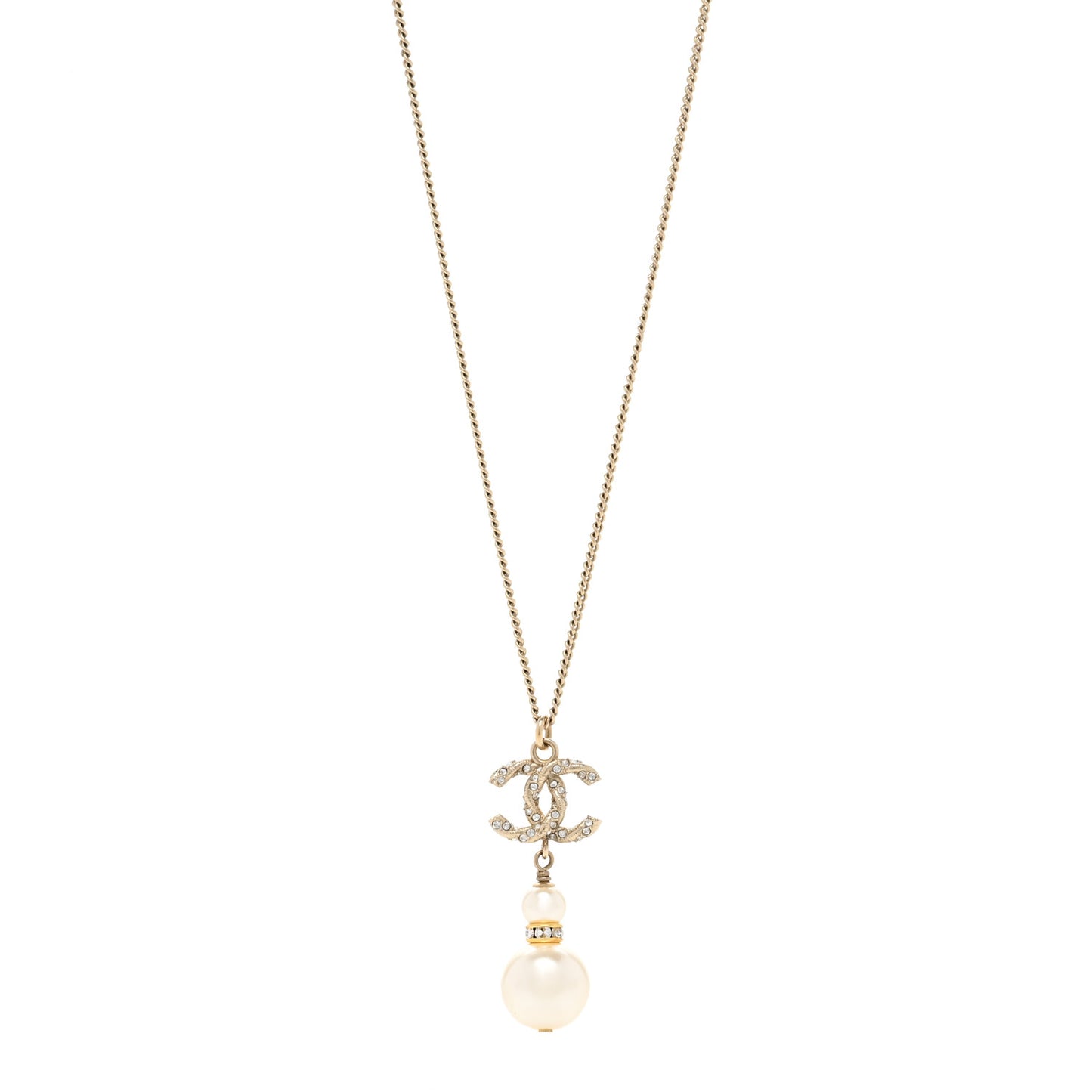 Crystal Pearl Twisted CC Drop Necklace Gold