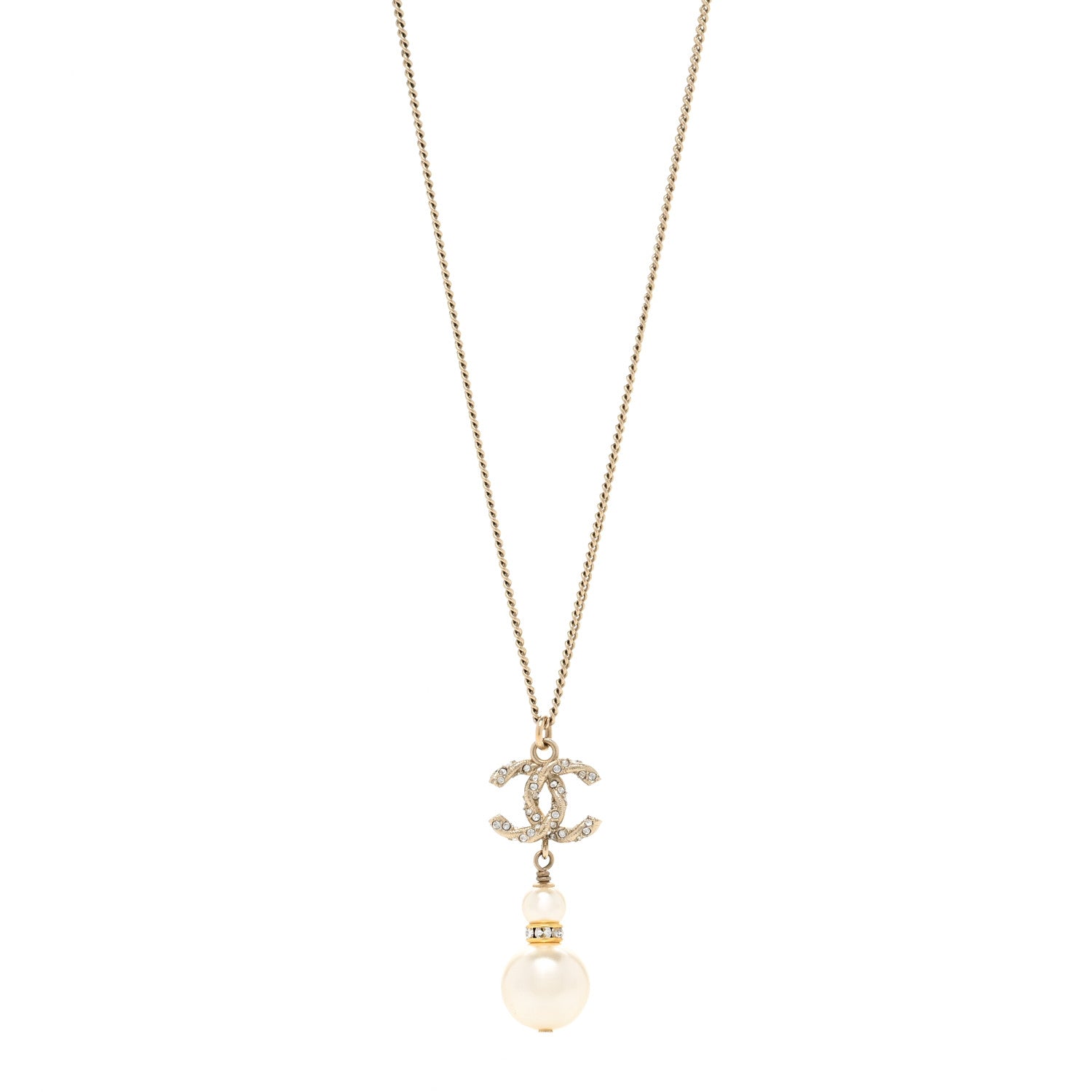 Chanel Crystal Pearl Twisted CC Drop Necklace Gold 1 of 6