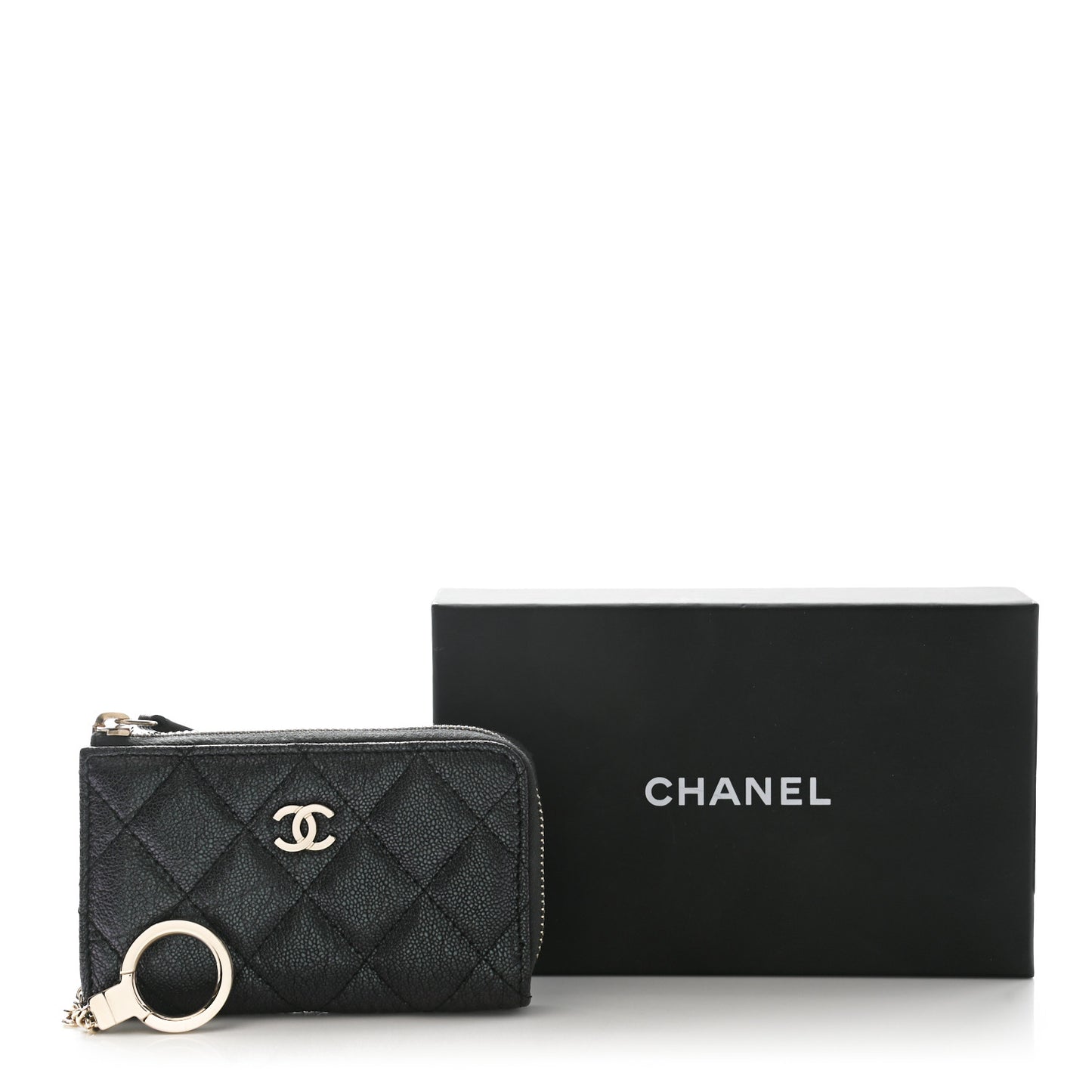 Iridescent Caviar Quilted Zipped Key Holder Case Black