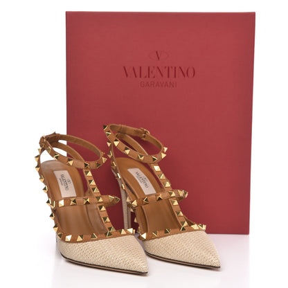 Valentino Garavani Raffia Calfskin Rockstud Ankle Strap 100mm Pumps 37.5 Natural Saddle Brown 9 of 9