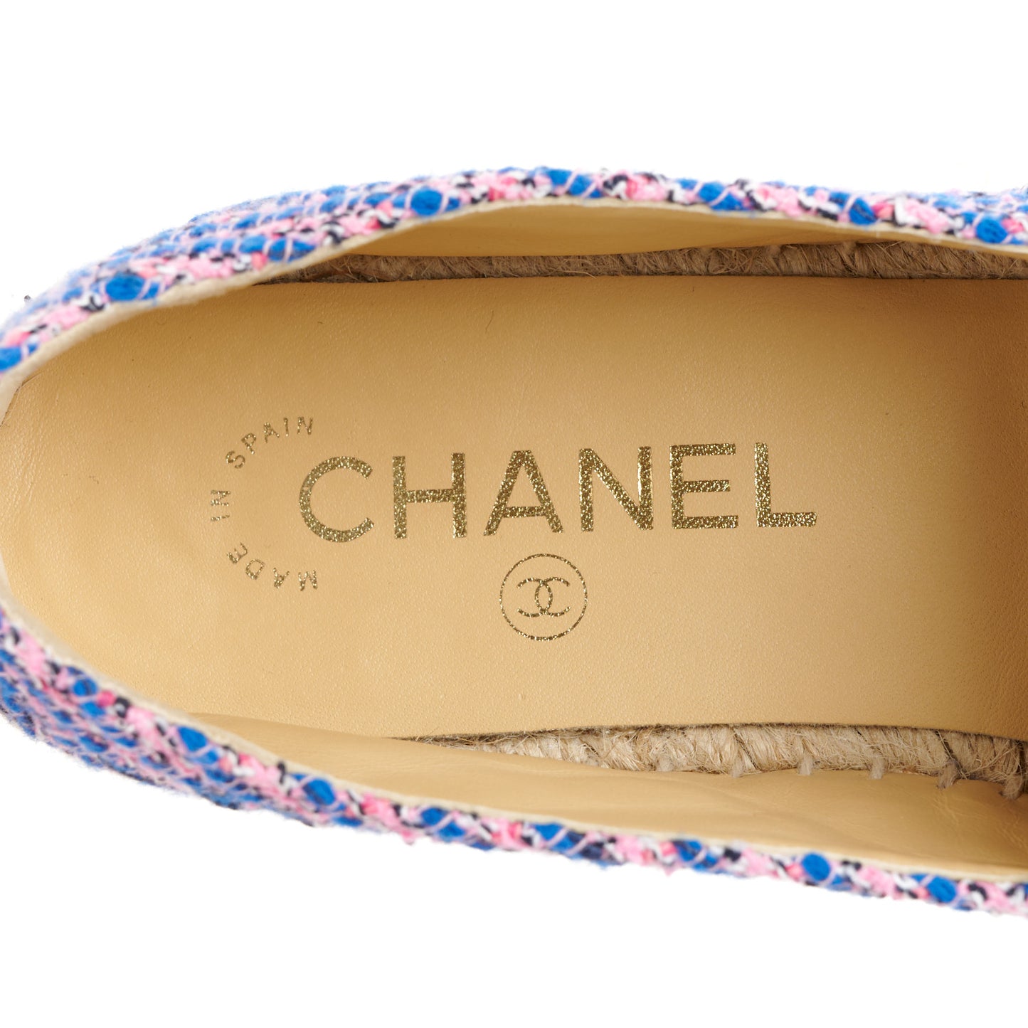 Tweed Grosgrain CC Espadrilles 38 Blue Pink Black White