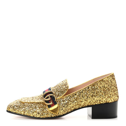 Gucci Glitter Web Peyton Loafers 41 Gold 1 of 9