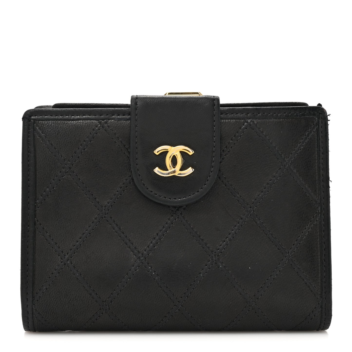 Lambskin Diamond Stitched Compact French Wallet Black