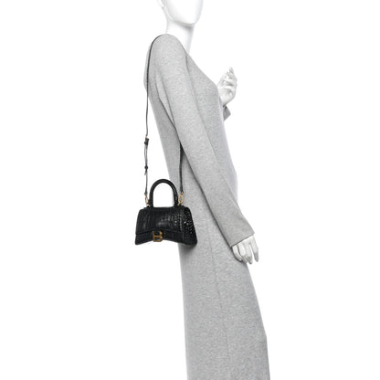 Balenciaga Shiny Calfskin Crocodile Embossed Hourglass Top Handle Bag XS Black 2 of 12