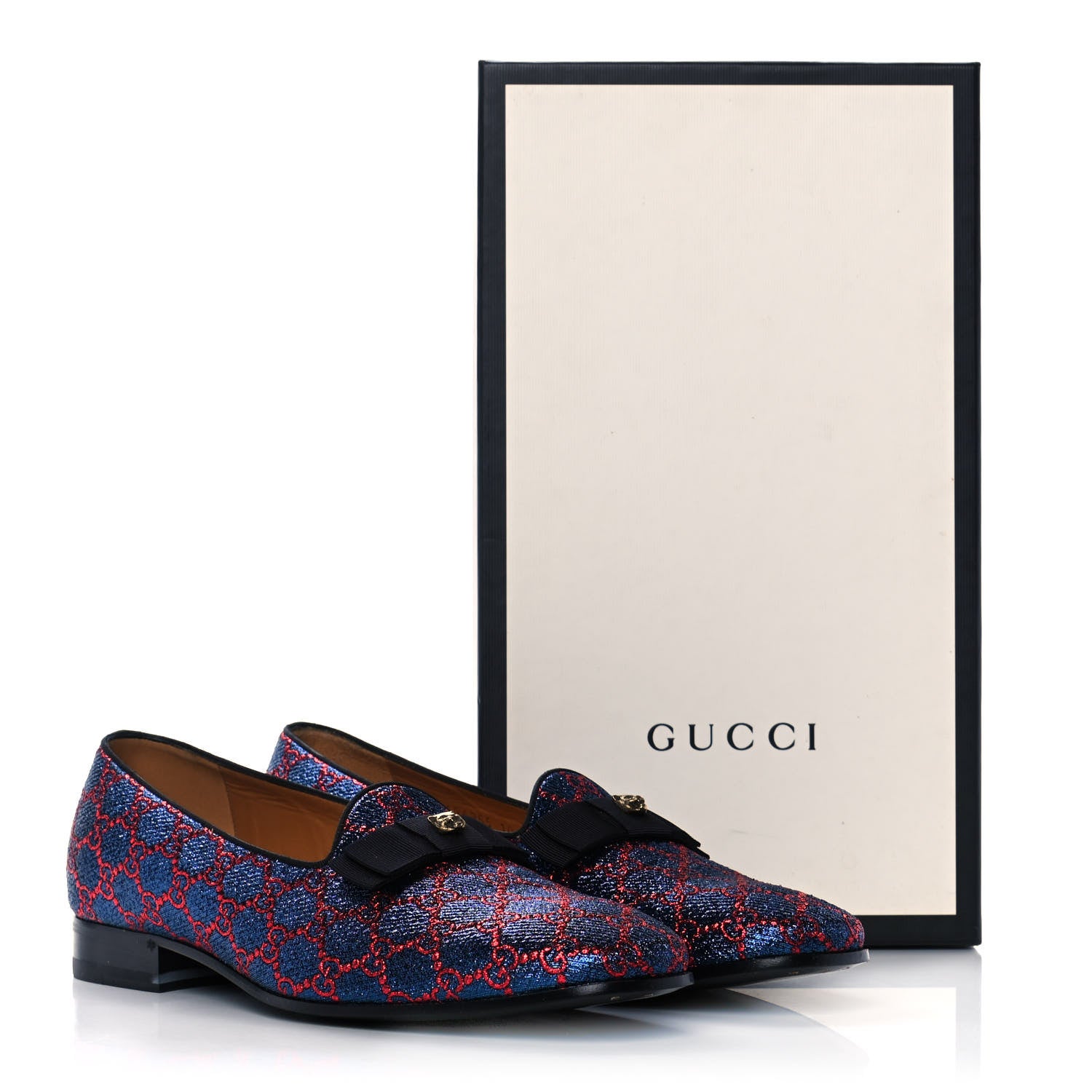 Gucci Lurex GG Monogram Mens Bow Loafers 10 Iridescent Blue Iridescent Red Black 10 of 10