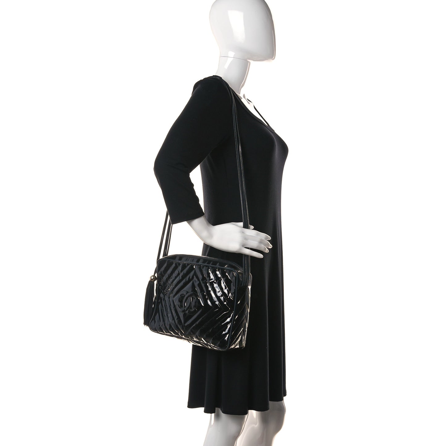 Patent Chevron Quilted Tassel Camera Case Black