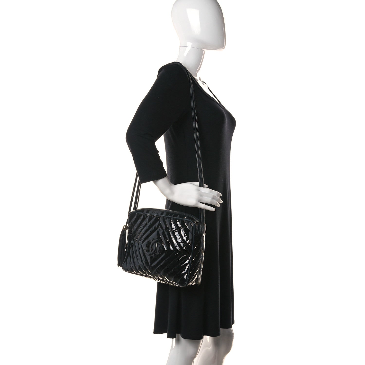 Chanel Patent Chevron Quilted Tassel Camera Case Black 2 of 11