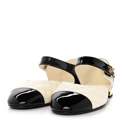 Chanel Patent Lambskin Quilted Cap Toe Ballerina Flats 36 Ivory Black 3 of 9