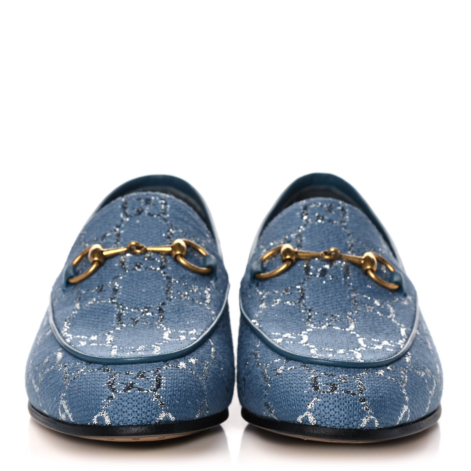 Gucci Canvas Lame GG Monogram Horsebit Womens Jordaan Loafers 37 Blue Silver 2 of 11