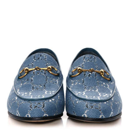 Gucci Canvas Lame GG Monogram Horsebit Womens Jordaan Loafers 37 Blue Silver 2 of 11