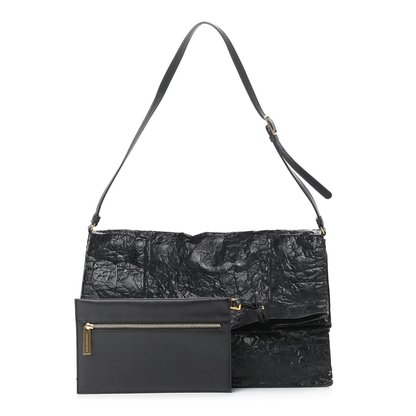 Crinkled Faux Patent Beckett Shoulder Bag Black