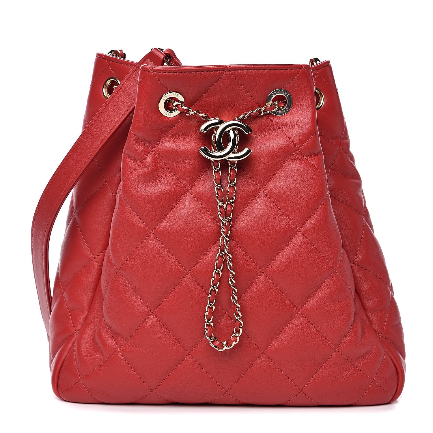Chanel Lambskin Quilted Chain Drawstring Bag Red 1 of 10
