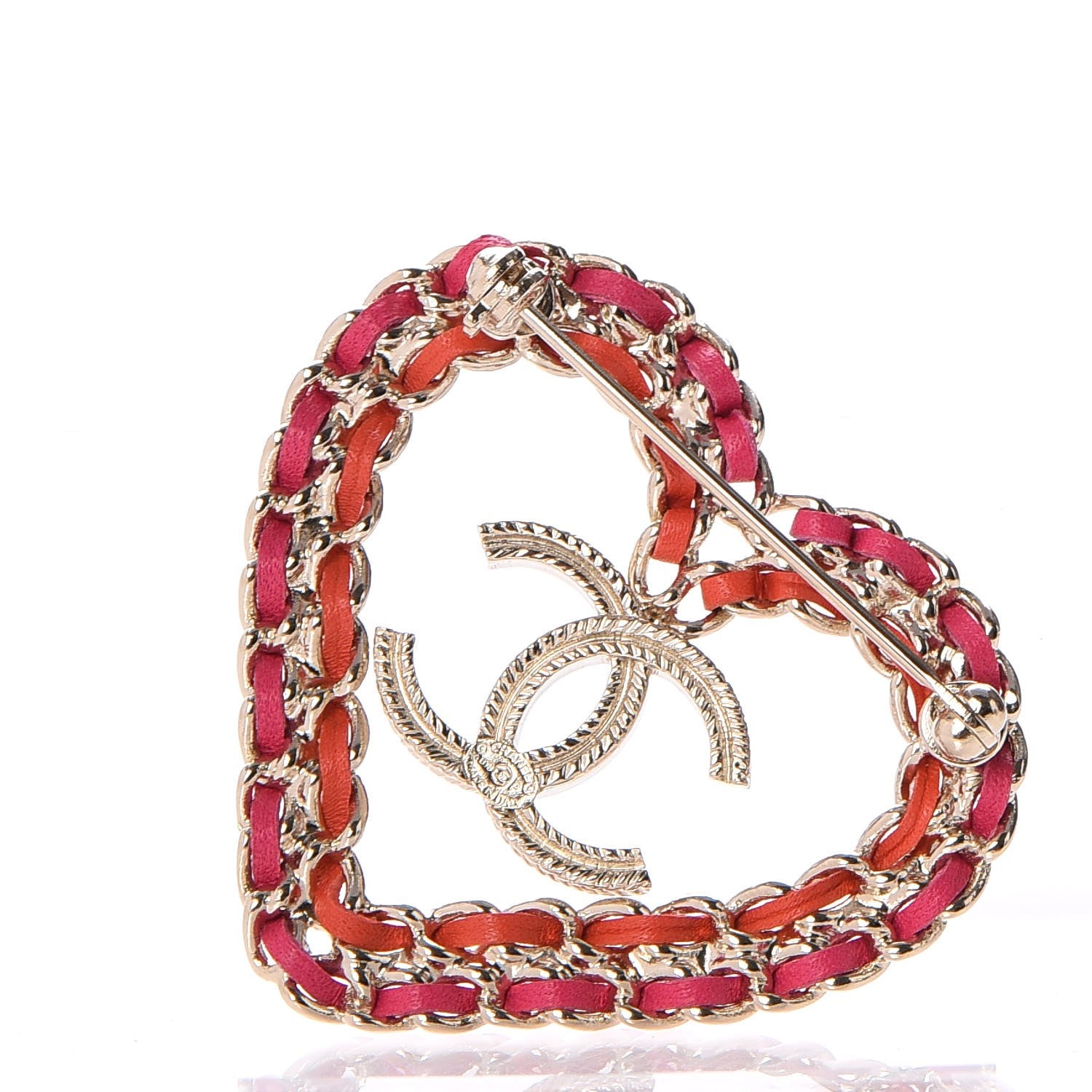 Chanel Lambskin Chain CC Heart Brooch Pink Red Gold 3 of 5