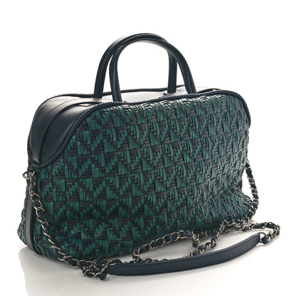 Chanel Calfskin Woven Bowling Bag Green Navy Blue 3 of 9
