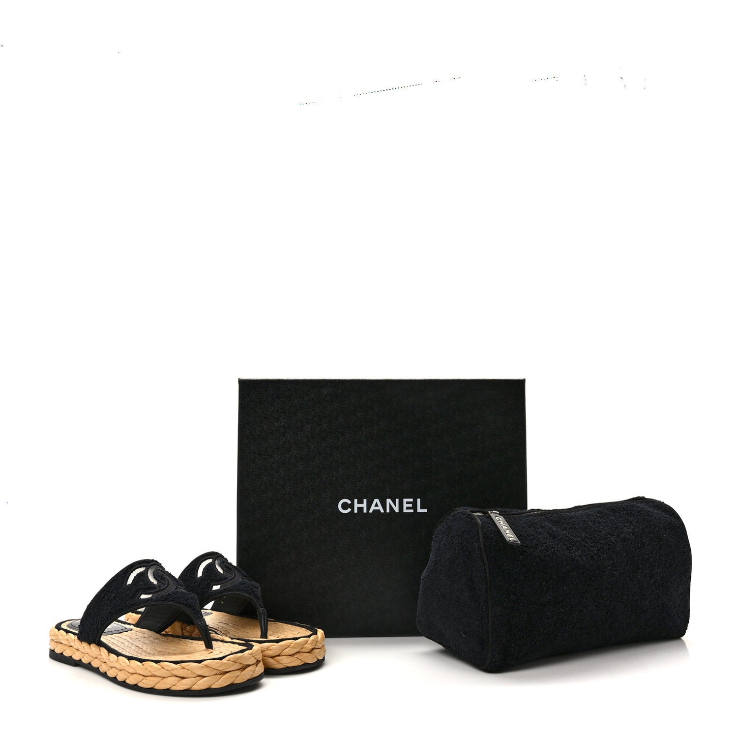 Terry Cloth Raffia CC Logo Thong Sandals 39 Black