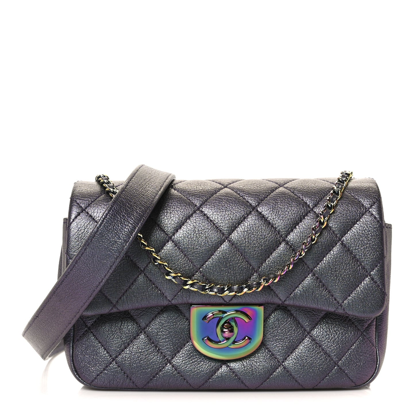 Iridescent Goatskin Quilted Small Double Carry Waist Chain Flap Purple