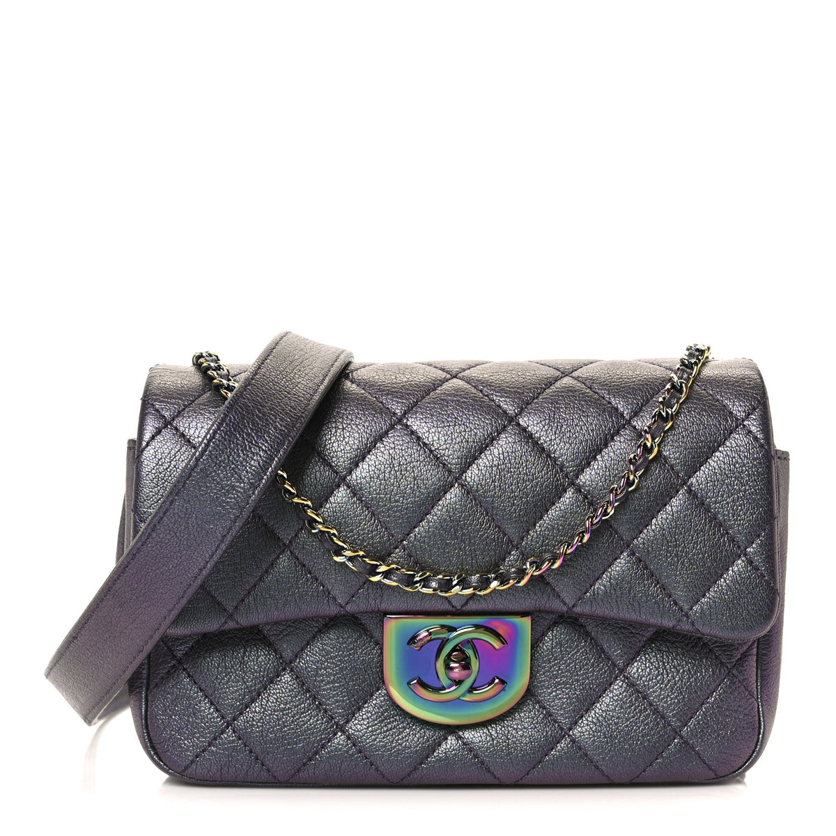 Chanel Iridescent Goatskin Quilted Small Double Carry Waist Chain Flap Purple 1 of 10