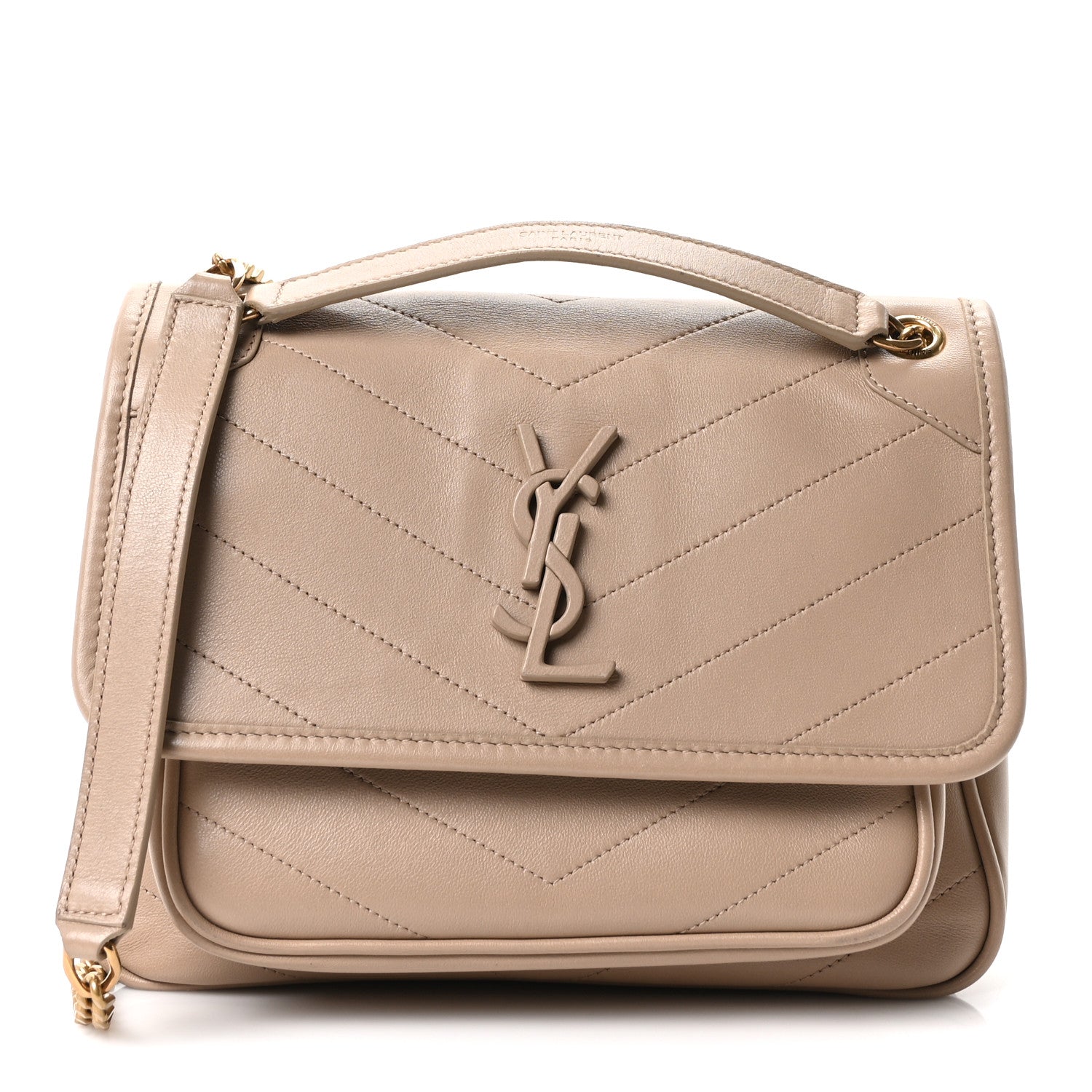 Saint Laurent Lambskin Calfskin Matelasse Monogram Baby Niki Chain Satchel Dark Beige 1 of 11
