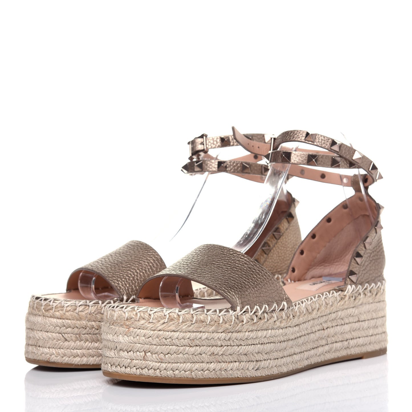 Metallic Grained Calfskin Rockstud Ankle Wrap Espadrille Flatform Sandals 39 Skin Natural
