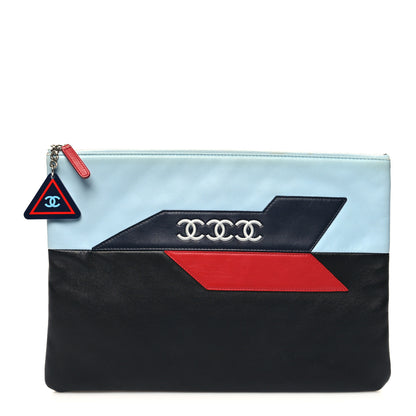 Chanel Lambskin Large Airline Zipper Cosmetic Case Blue Black Red 1 of 14