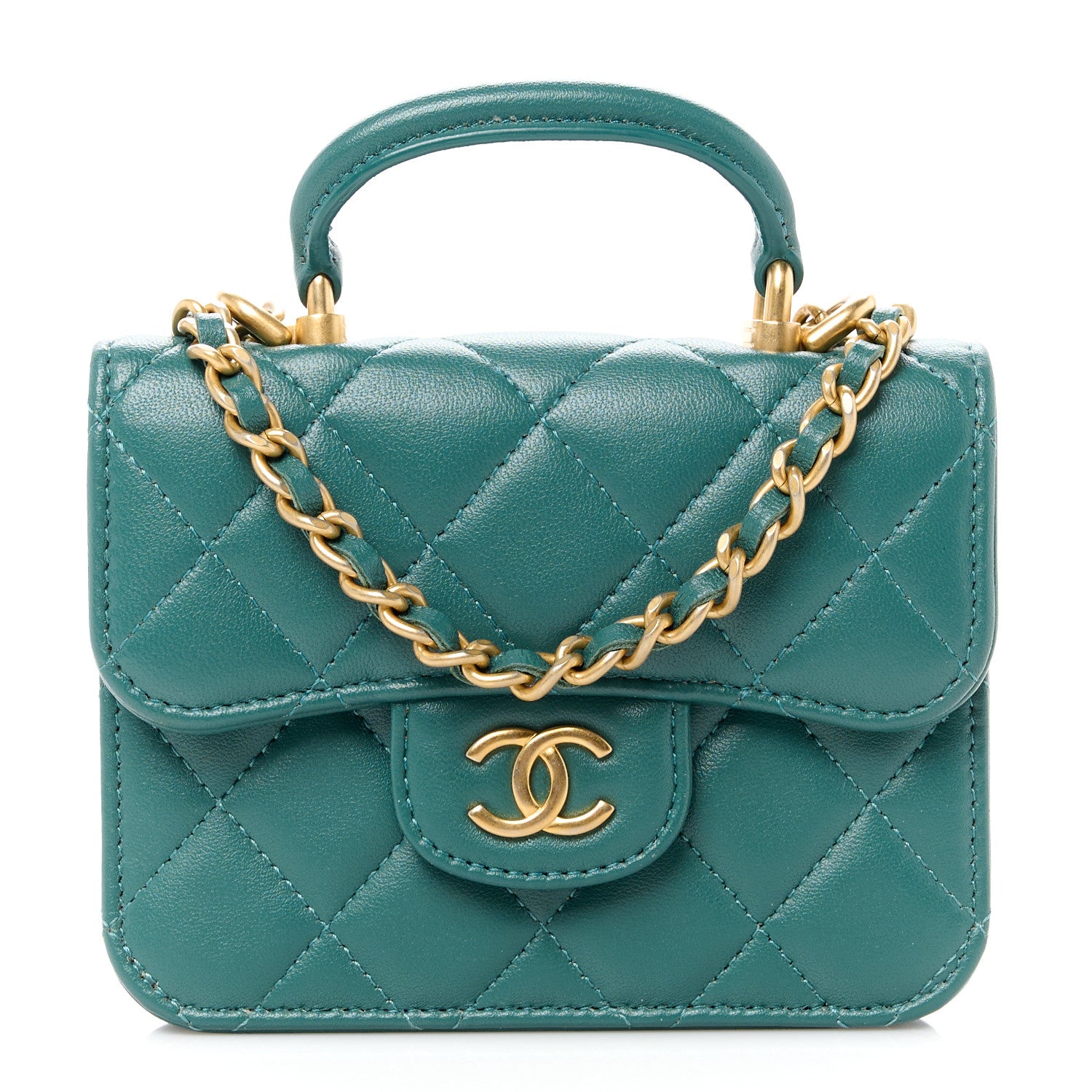 Chanel Lambskin Quilted Top Handle Flap Coin Purse With Chain Green 1 of 10