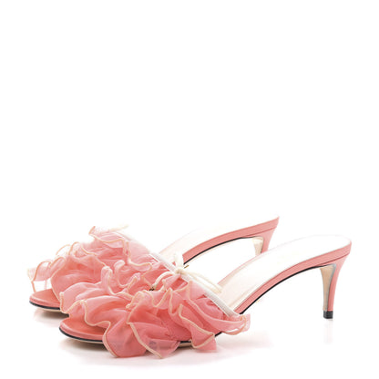 Gucci Tulle Ruffle Low Heel Slide Sandals 37 Peach Mystic White 3 of 9