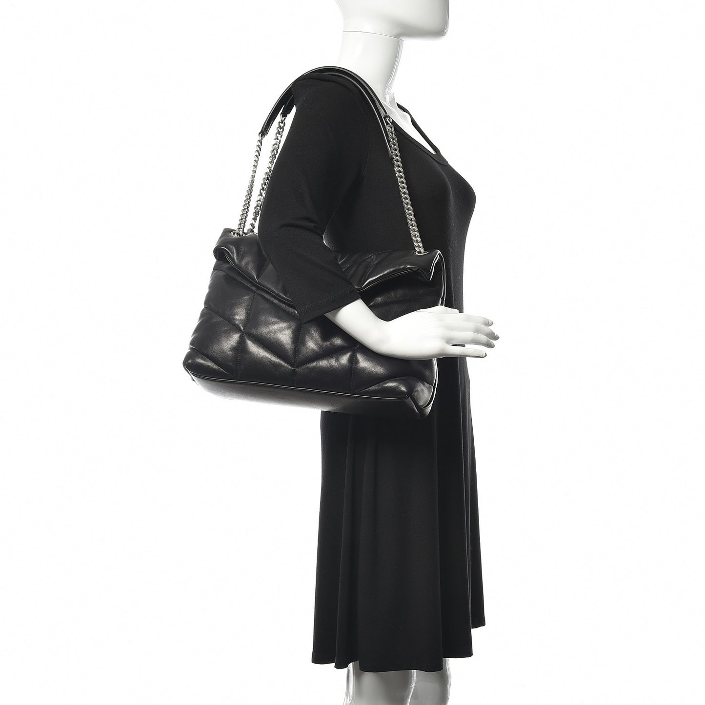 Lambskin Quilted Medium Loulou Puffer Monogram Chain Satchel Black