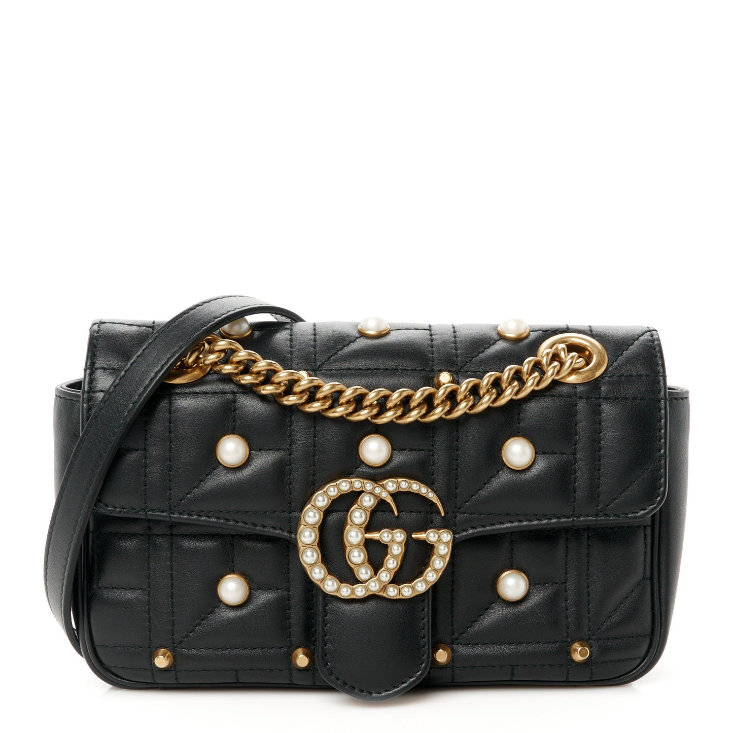 Calfskin Matelasse Studded Mini Pearly GG Marmont Shoulder Bag Black
