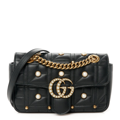 Gucci Calfskin Matelasse Studded Mini Pearly GG Marmont Shoulder Bag Black 1 of 11
