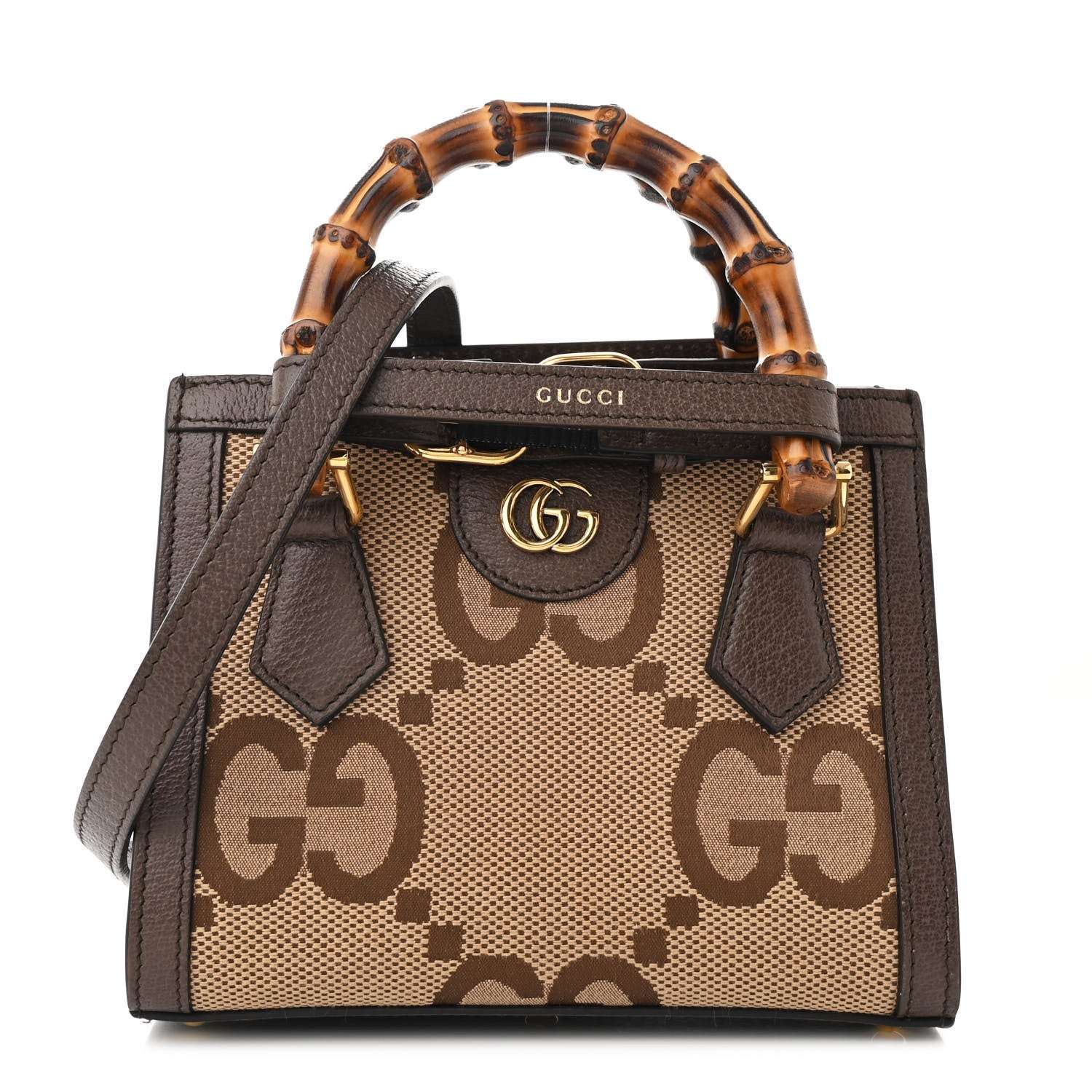 Gucci Monogram Jumbo GG Textured Dollar Calfskin Mini Diana Tote Bag Camel Ebony New Acero 1 of 10