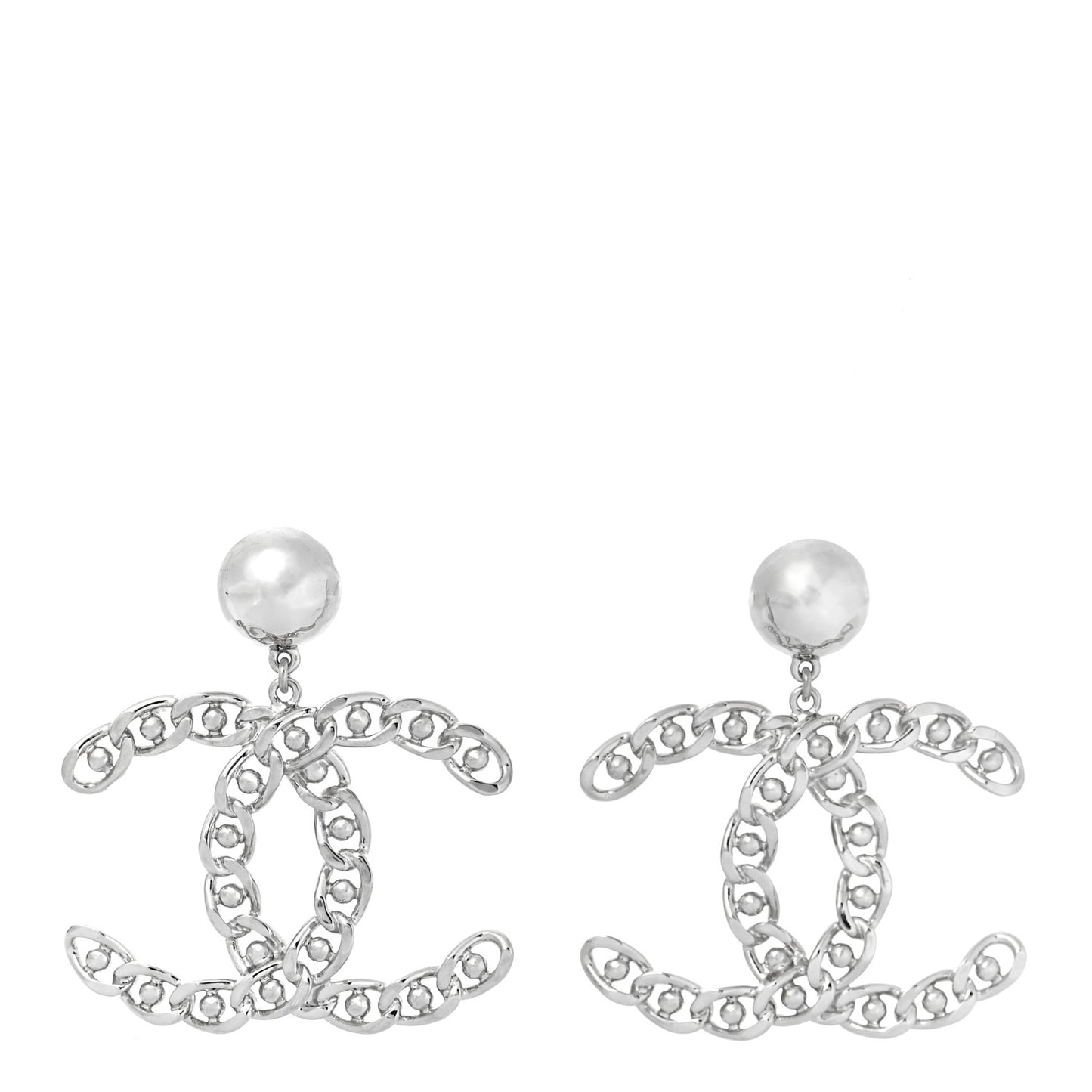 Pearl Chain Link CC Drop Earrings Silver