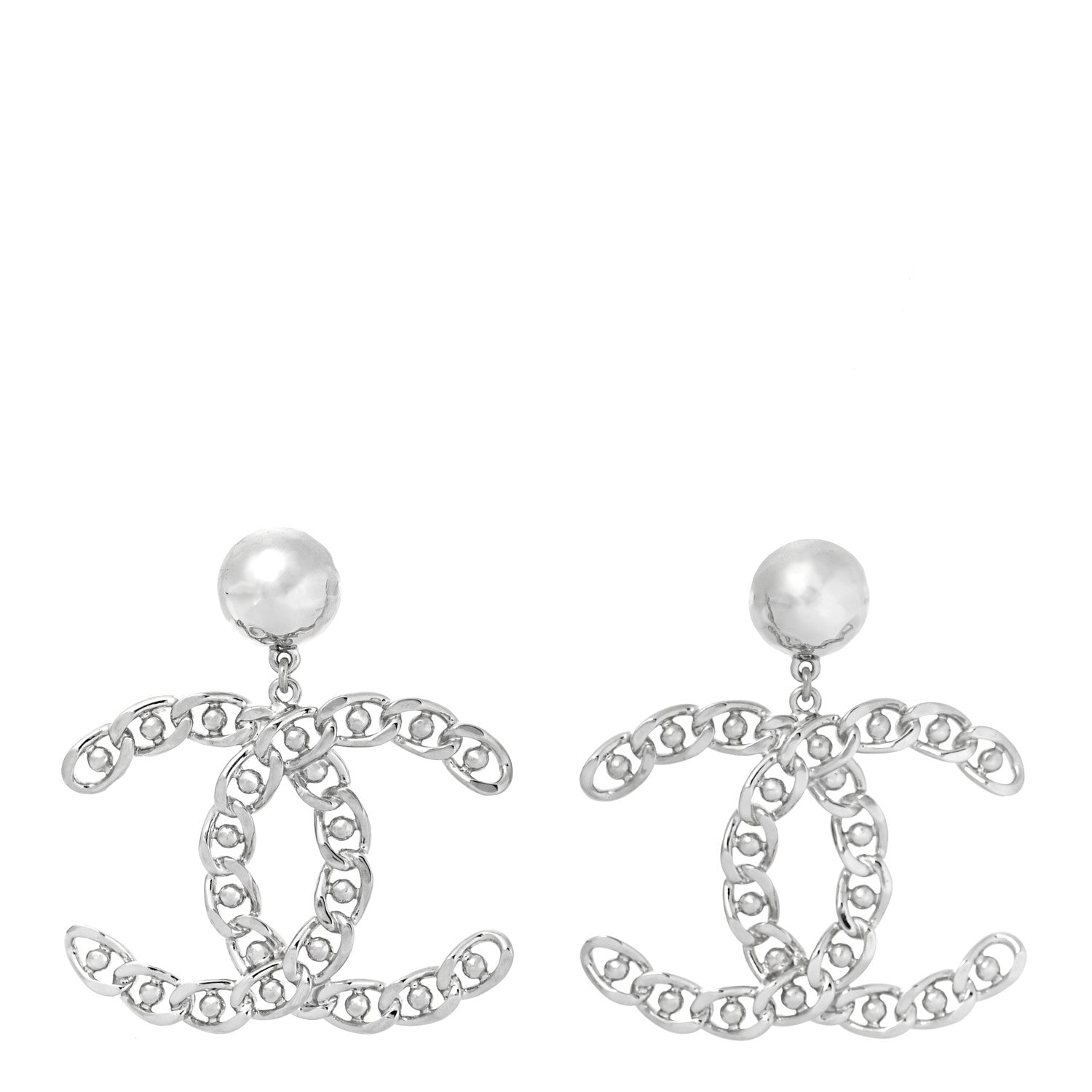 Chanel Pearl Chain Link CC Drop Earrings Silver 1 of 5