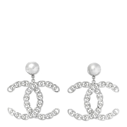 Chanel Pearl Chain Link CC Drop Earrings Silver 1 of 5