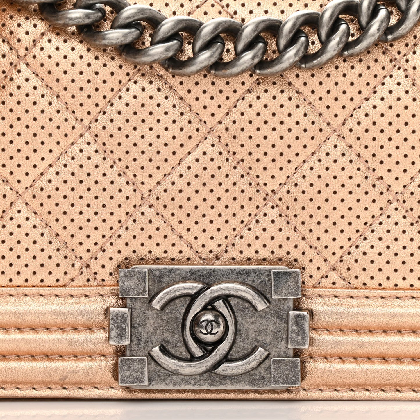 Metallic Calfskin Perforated Small Boy Flap Gold