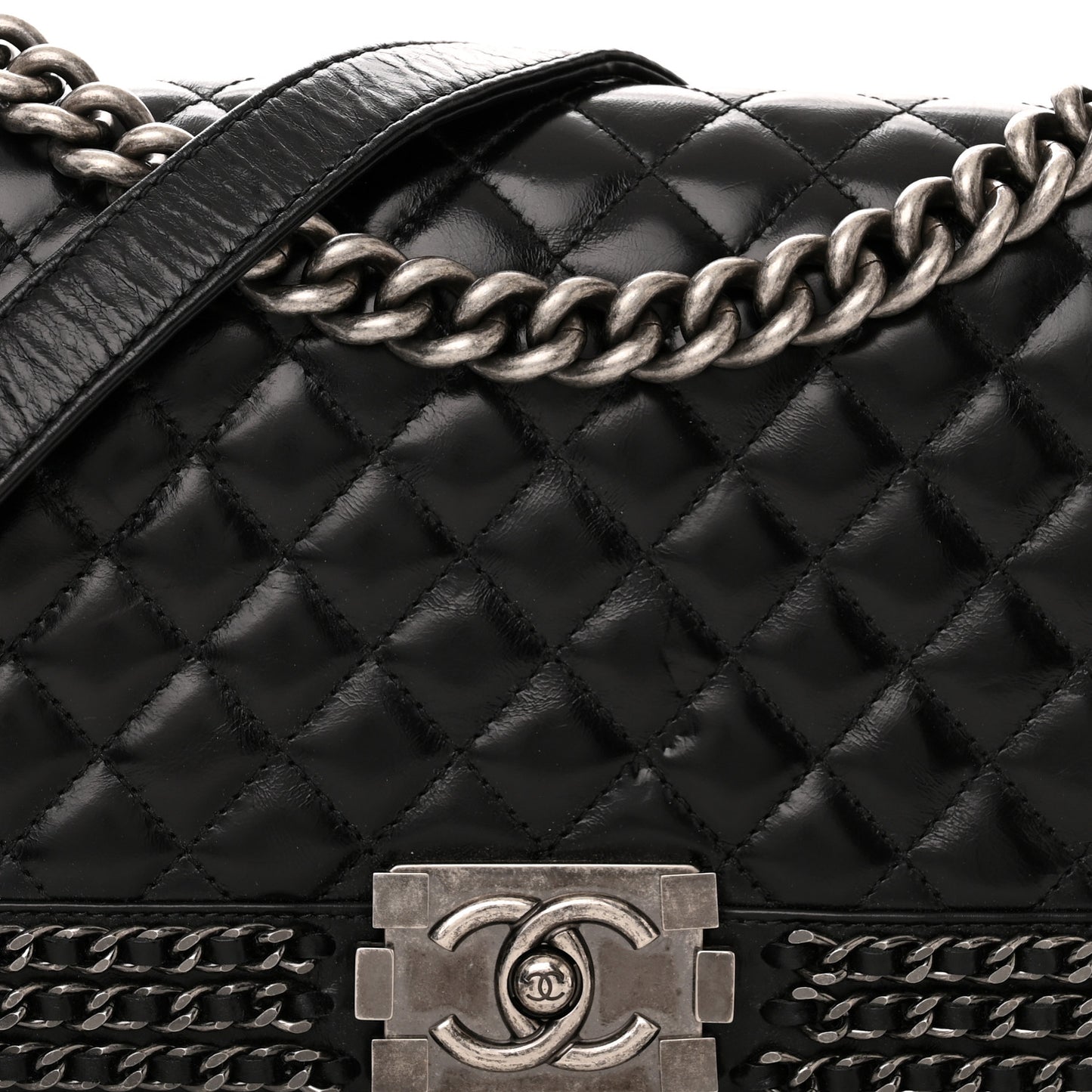 Glazed Calfskin Quilted Medium Chain Around Boy Flap Black