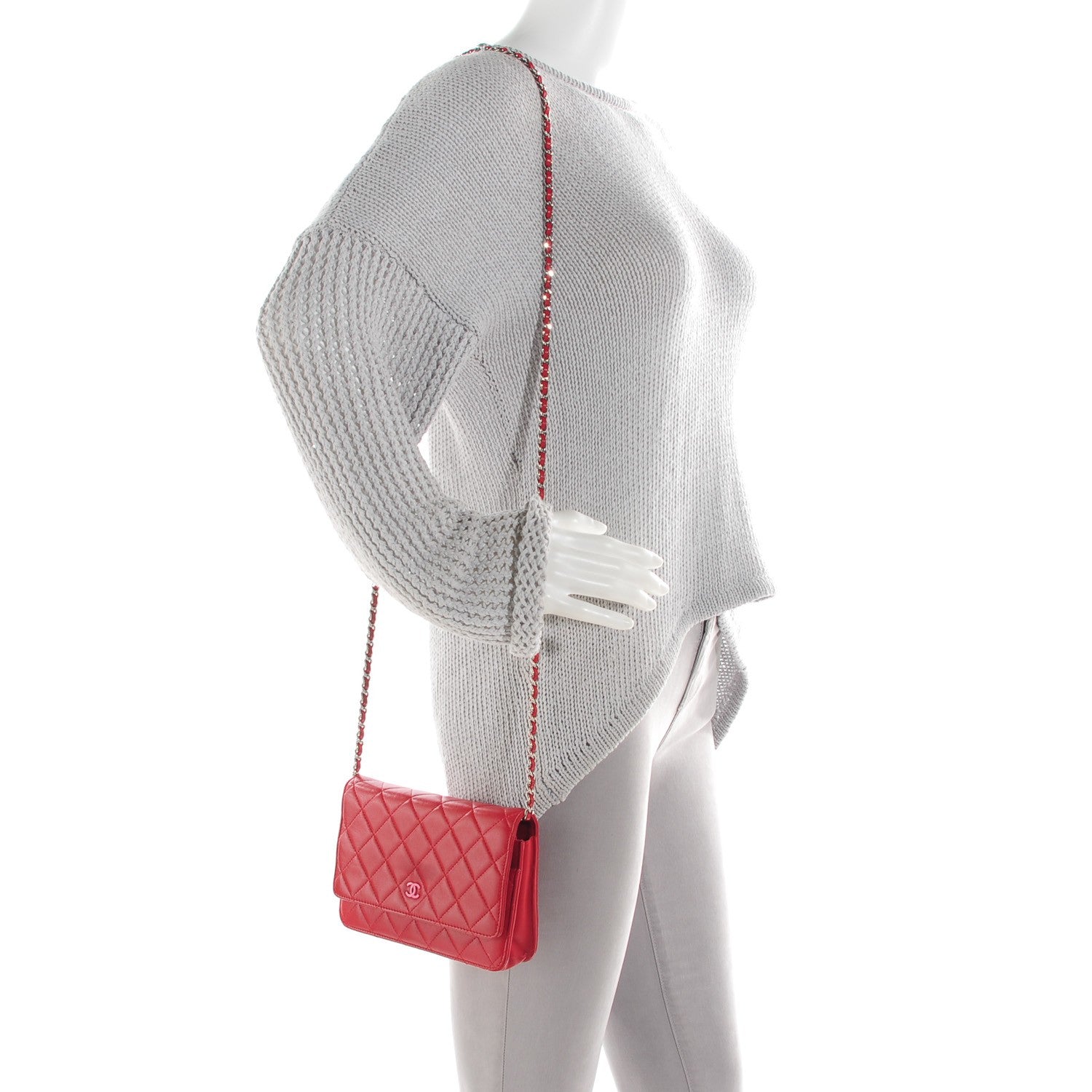 Chanel Lambskin Quilted Wallet On Chain WOC Red Pink 2 of 8