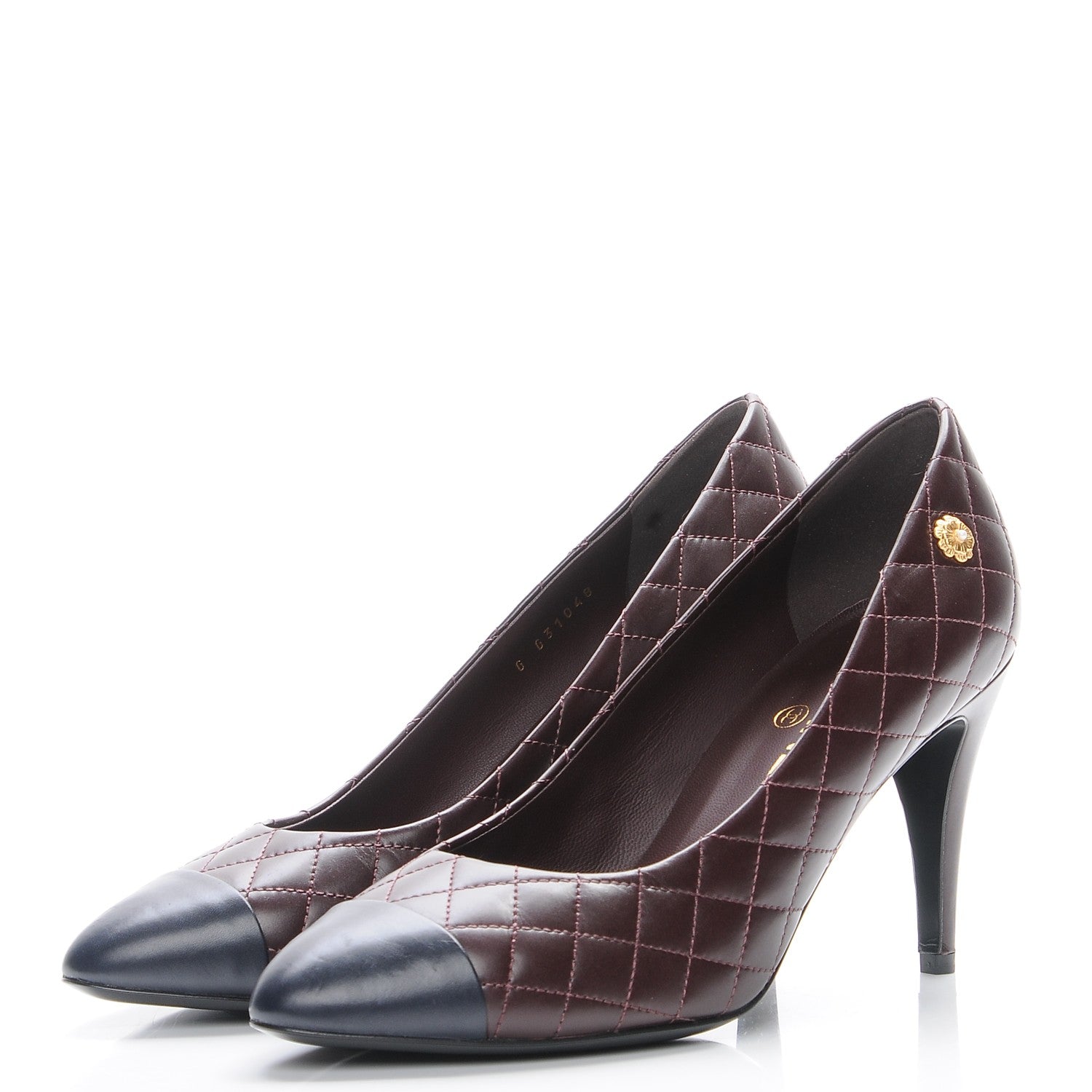 Chanel Calfskin Quilted Cap Toe Camellia Pumps 39 Burgundy Navy 3 of 9