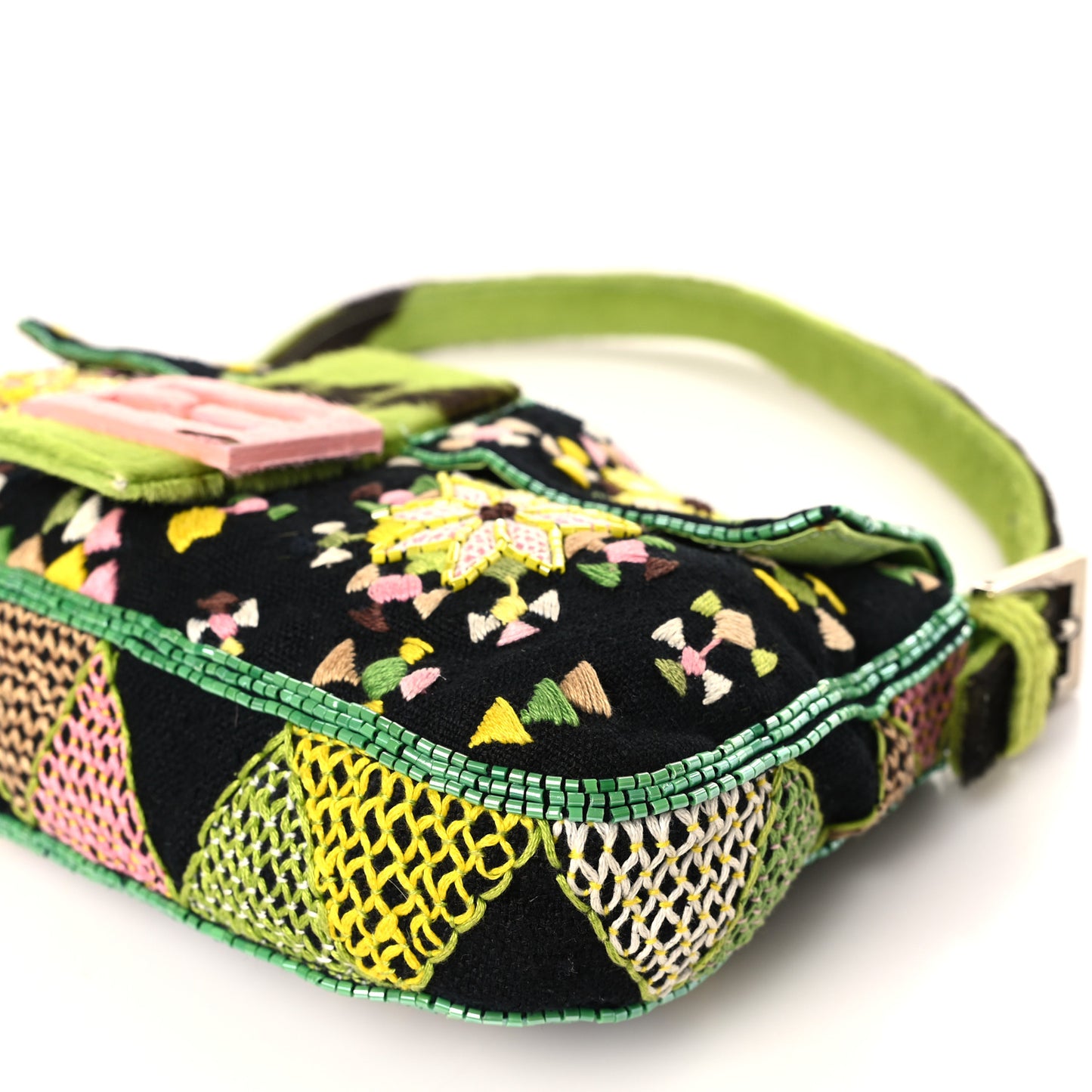 Satin Calf Hair Beaded Baguette Green Multicolor