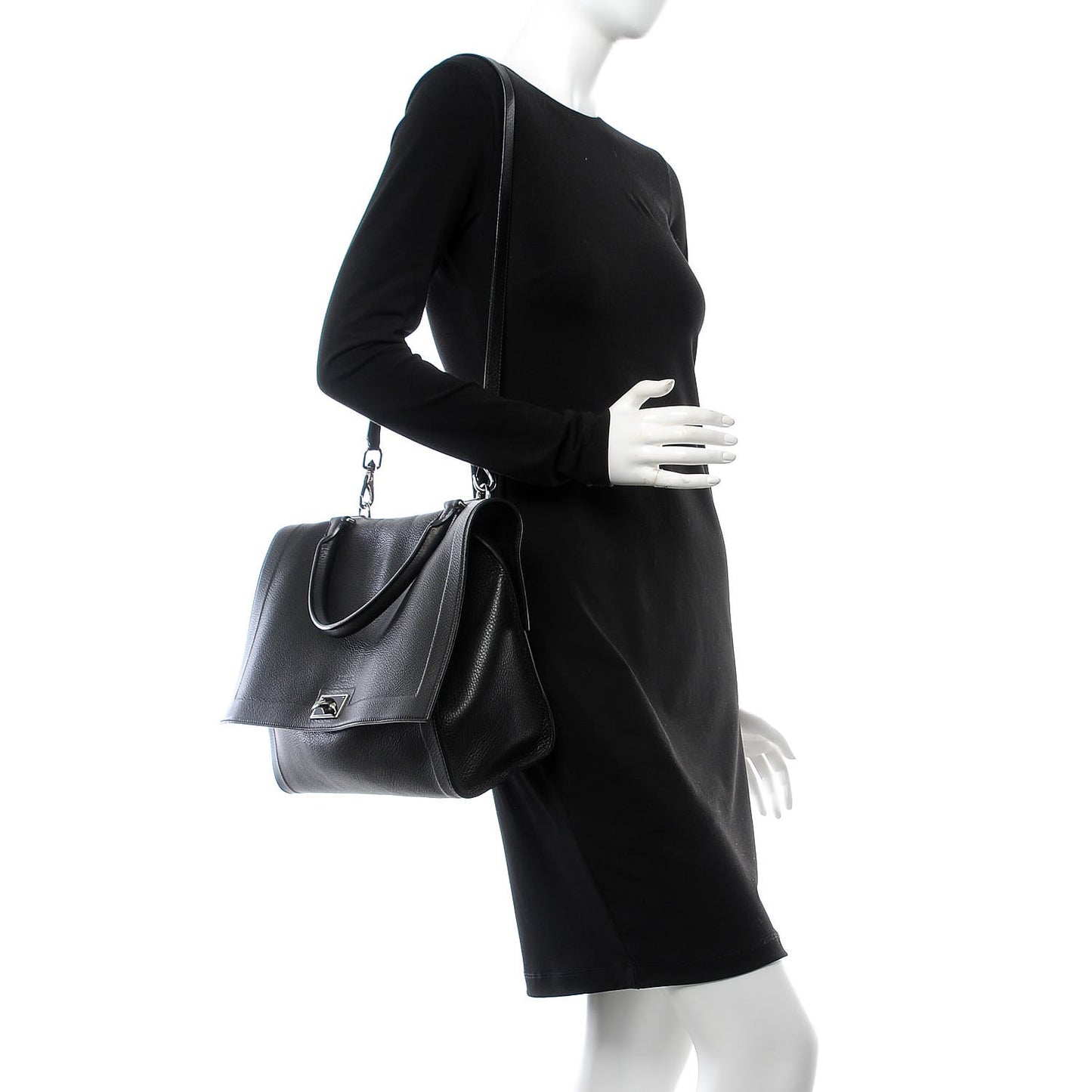 Grained Calfskin Medium Shark Lock Satchel Black