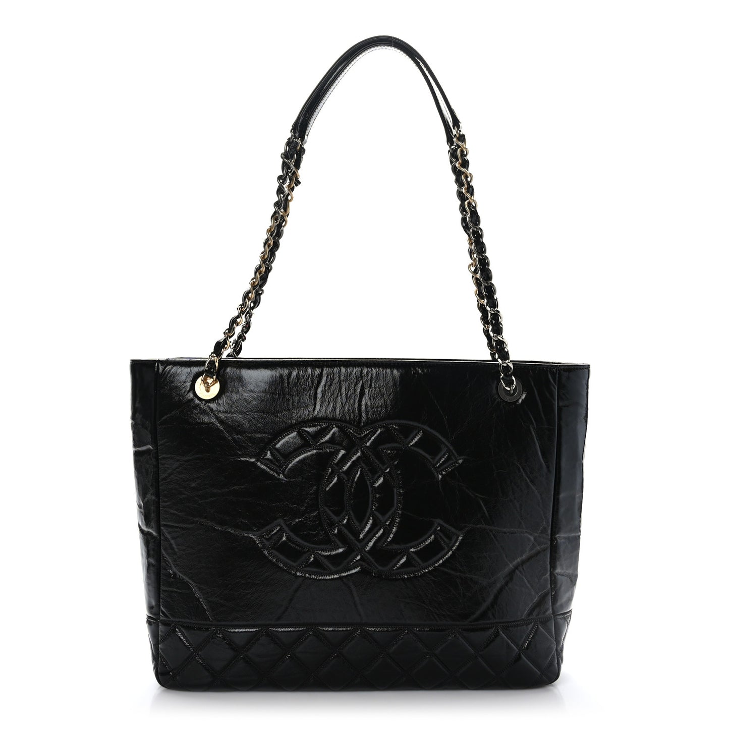 Shiny Aged Calfskin Quilted Large Shopping Bag Black