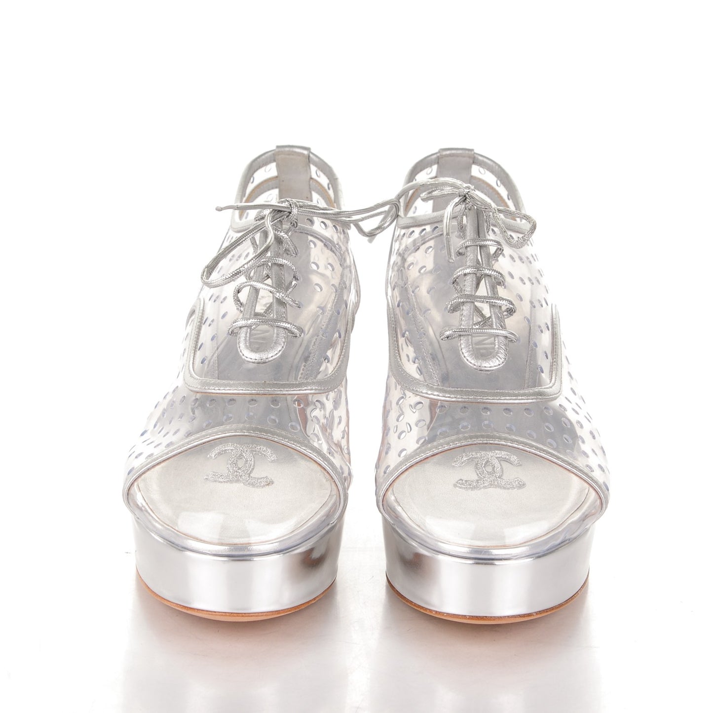 Metallic Calfskin PVC Cap Toe Lace Up Platform Heels 37.5 Silver