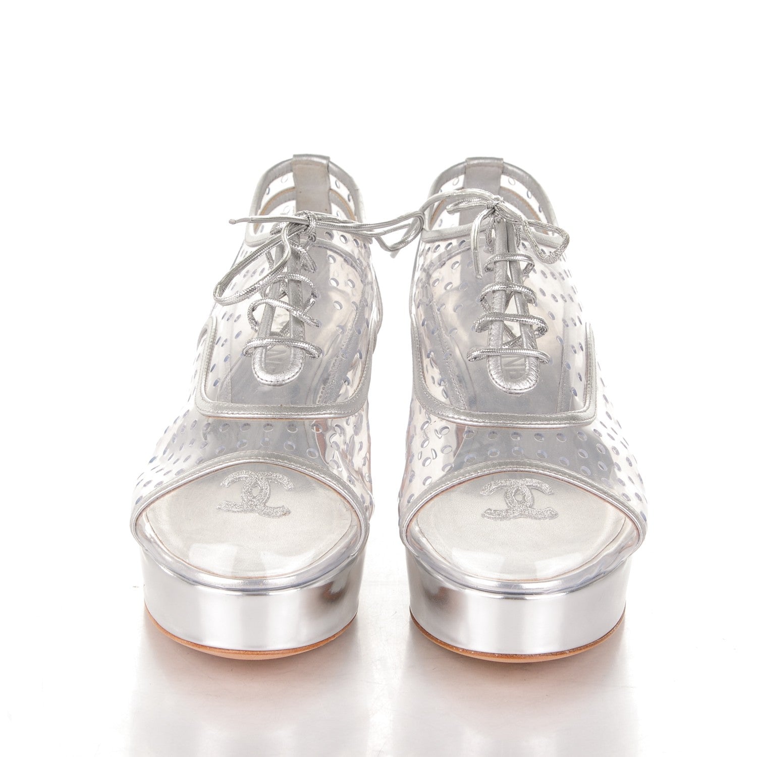 Chanel Metallic Calfskin PVC Cap Toe Lace Up Platform Heels 37.5 Silver 2 of 7
