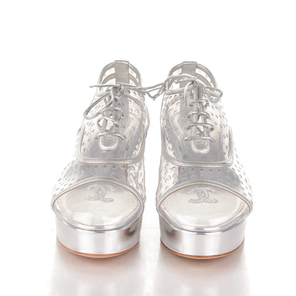 Chanel Metallic Calfskin PVC Cap Toe Lace Up Platform Heels 37.5 Silver 2 of 7