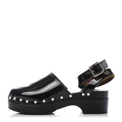 Chanel Patent Calfskin Pearl Ankle Strap Clogs 37 Black 1 of 8