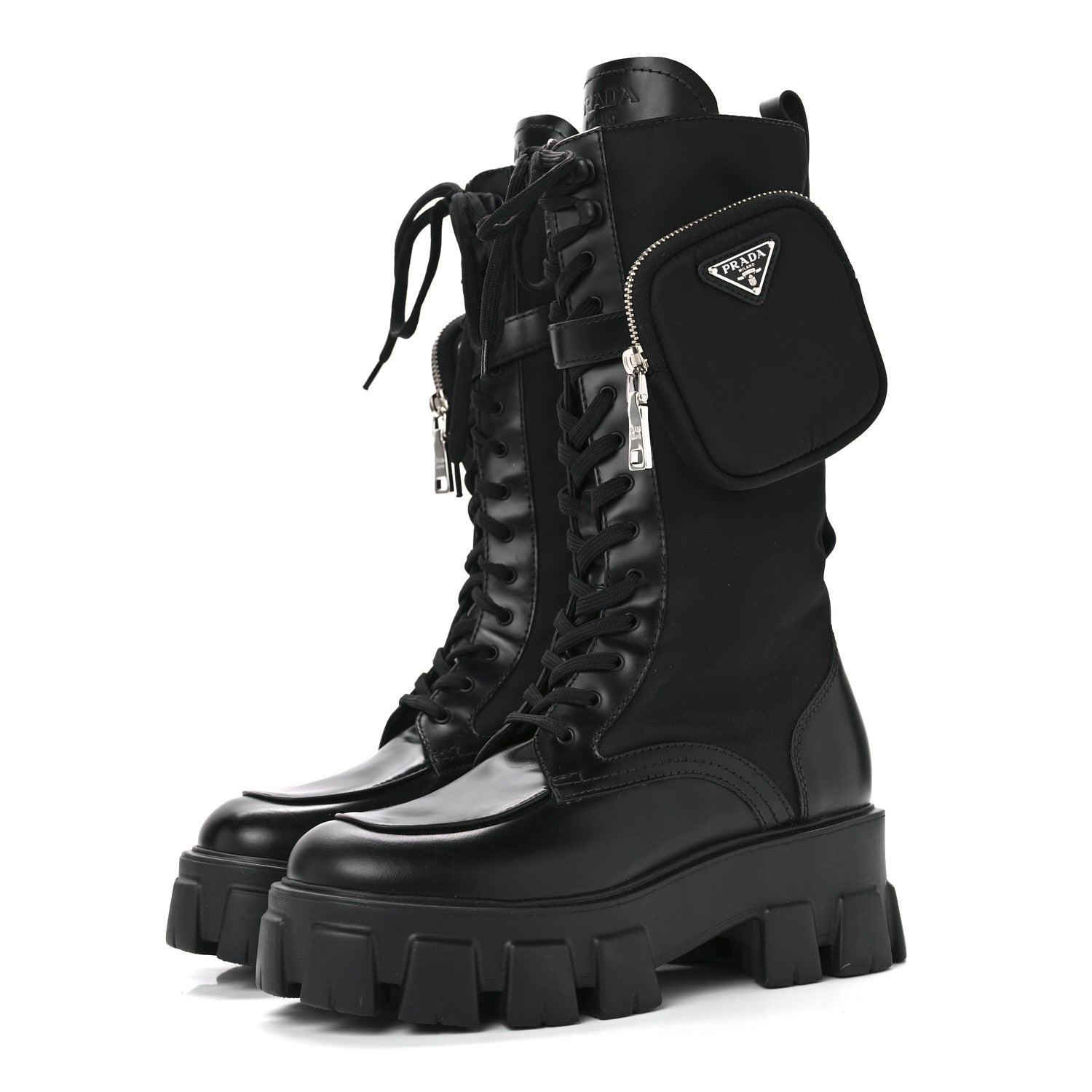 Prada Spazzolato Rois Re-Nylon Metal Triangle Logo Monolith Pouch Pocket 55mm Tall Combat Boots 38 Black 3 of 7