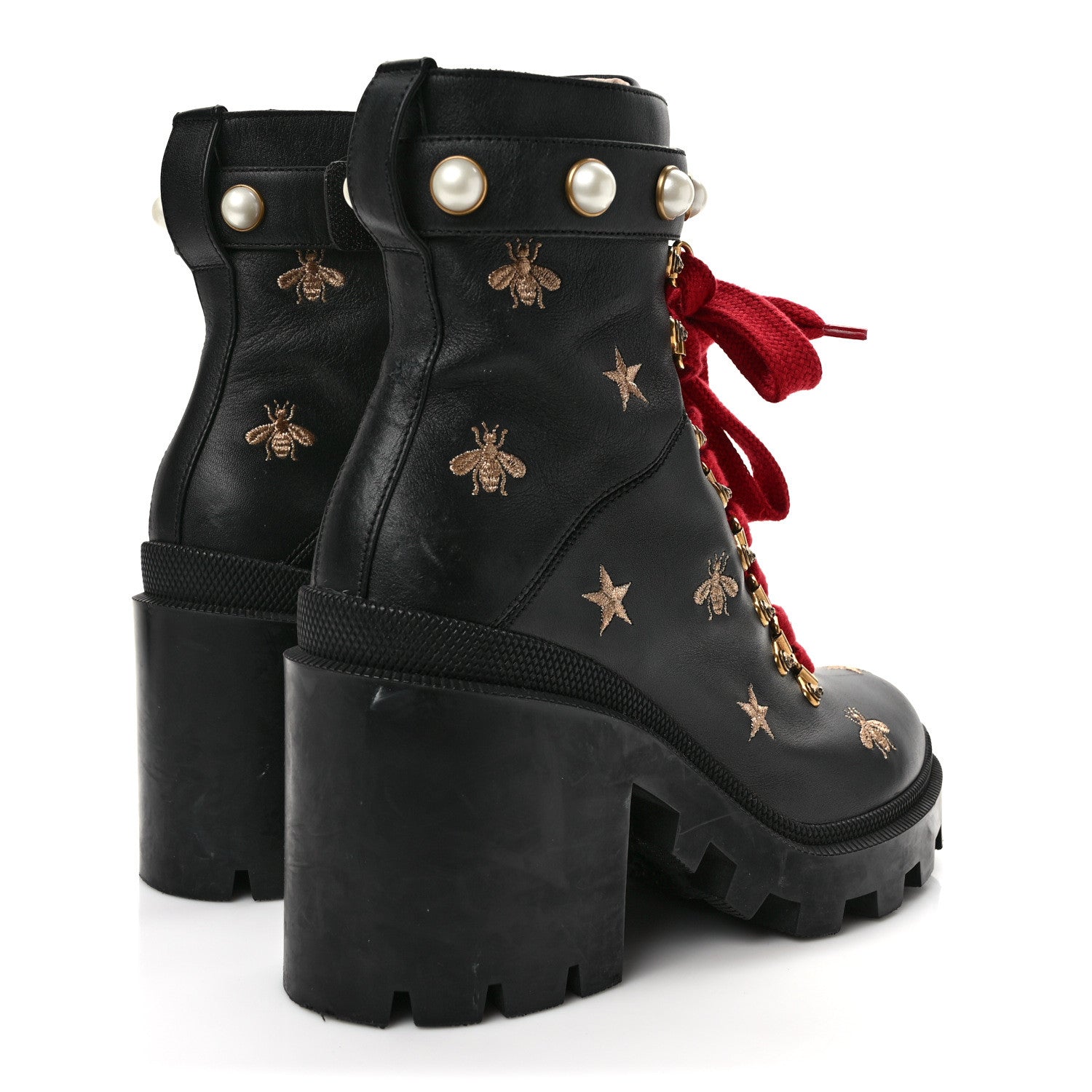 Gucci Calfskin Embroidered Lace Up Combat Ankle Boots 40 Black 4 of 9