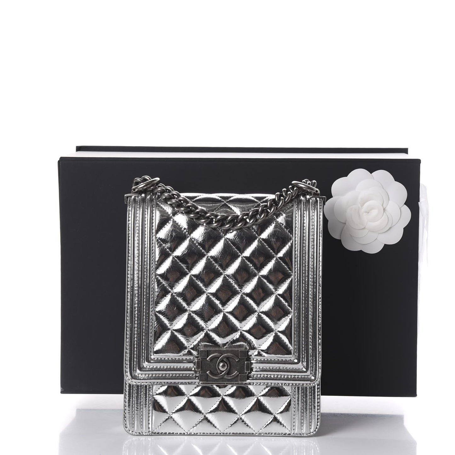Metallic Goatskin Quilted North South Boy Flap Silver