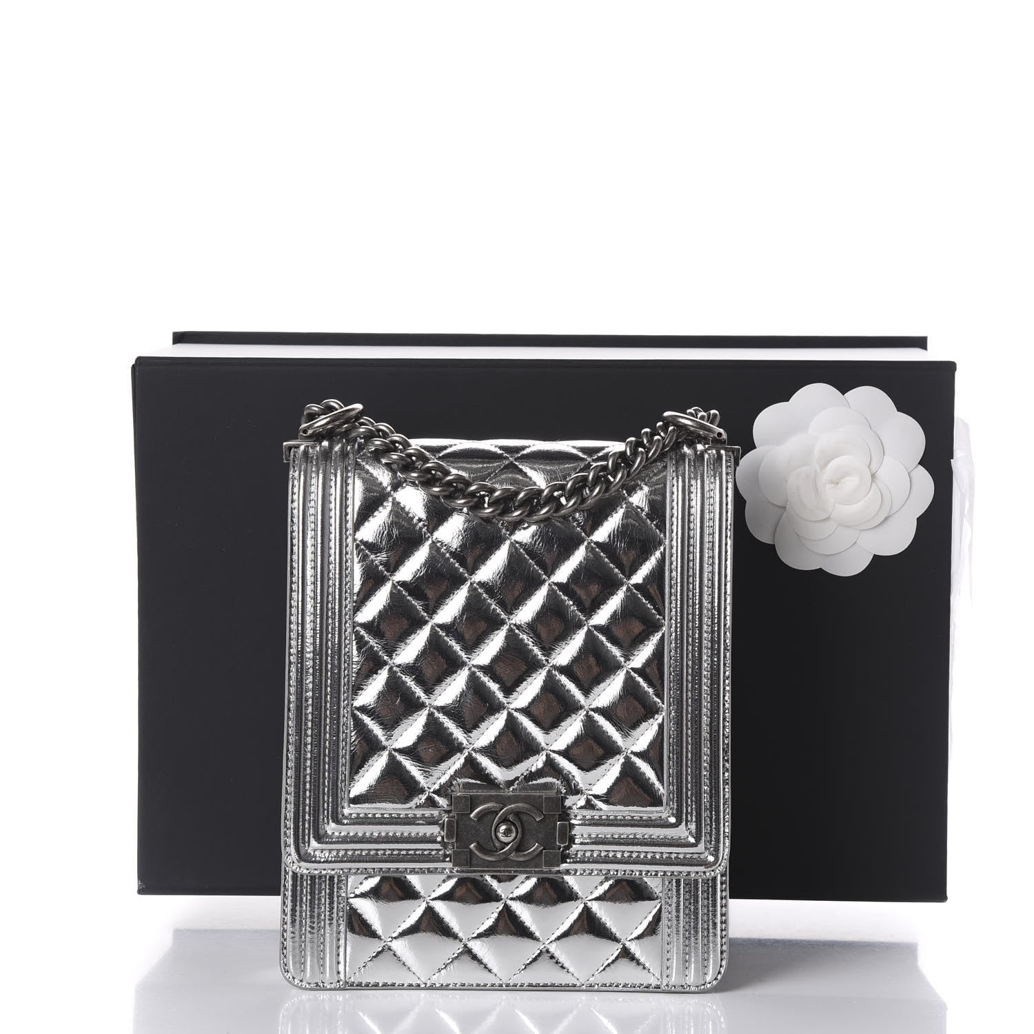 Chanel Metallic Goatskin Quilted North South Boy Flap Silver 10 of 10